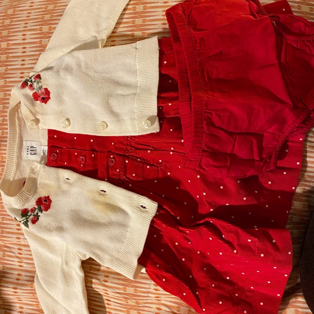 baby gap red polka dot corduroy dress with embroidered cardigan
